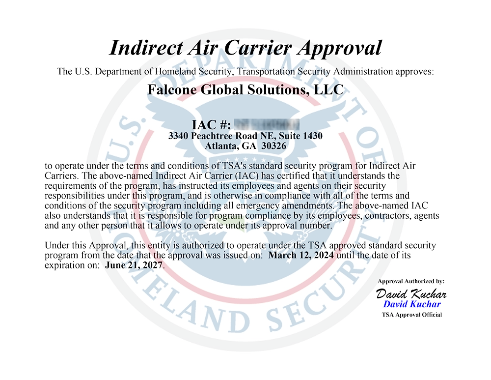 TSA Indirect Air Carrier Certificate TSA Indirect Air Carrier Certificate
